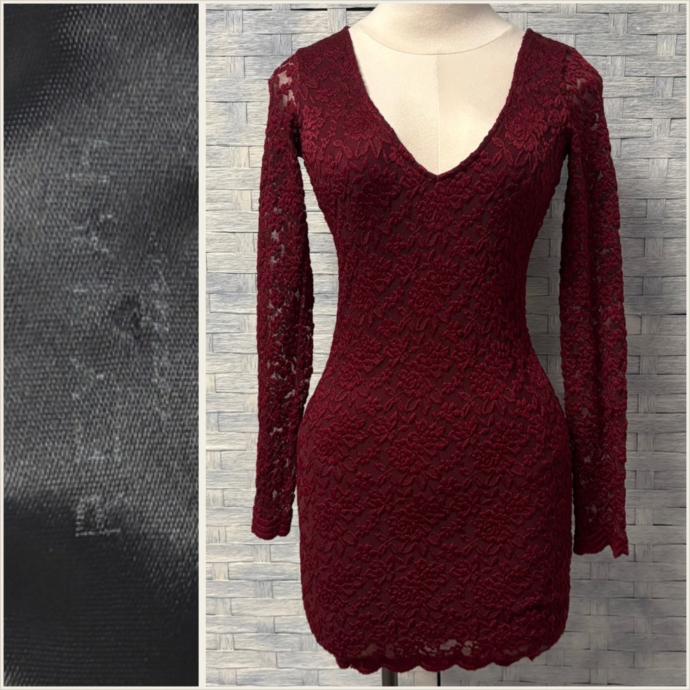 Reynah‎ Couture Long Sleeve Lace Bodycon Mini Dress Burgandy Small